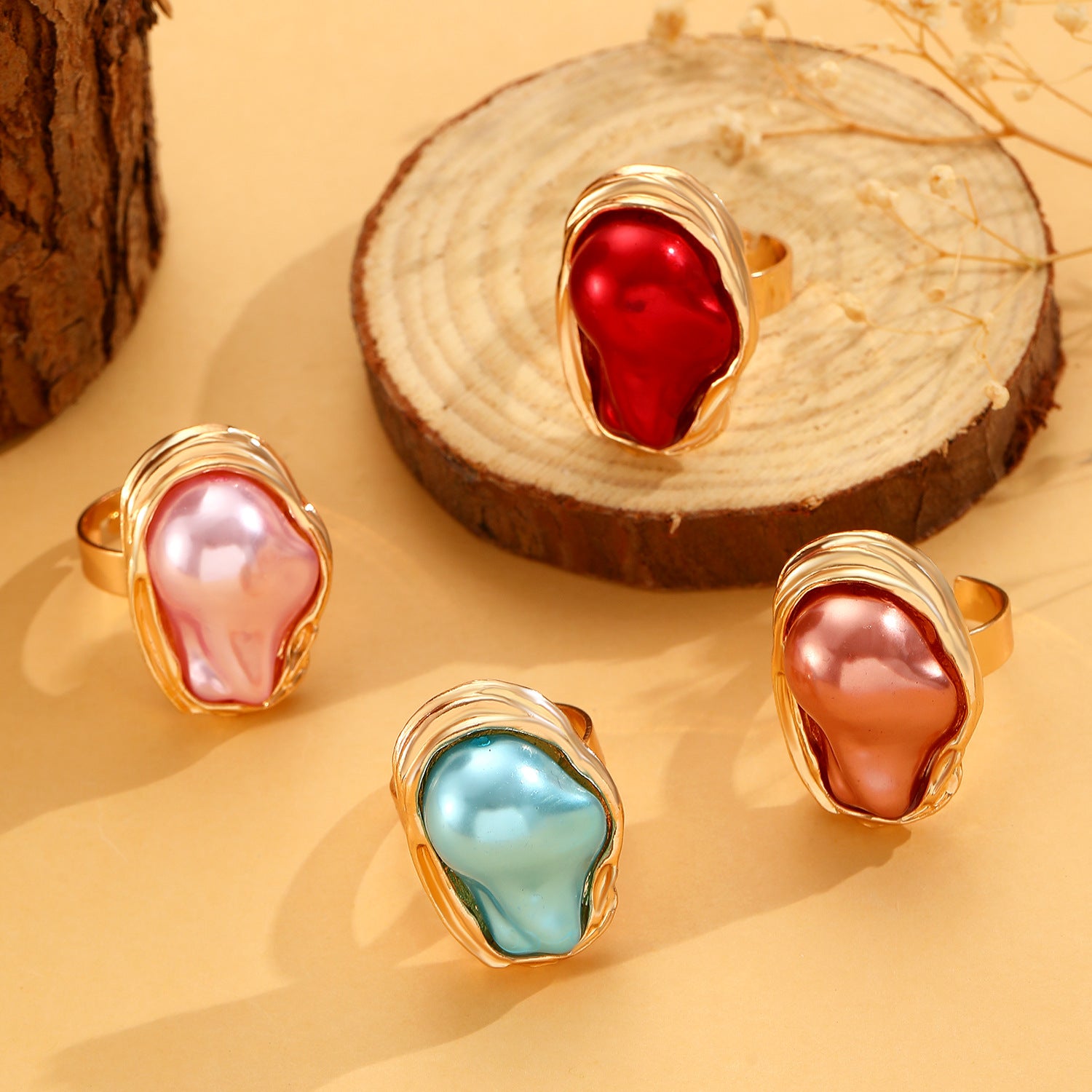Wholesale Baroque Inlaid Colorful Shaped Pearl Ring Retro Irregular Alloy Rings